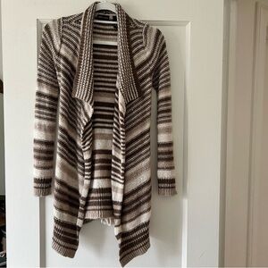 Moda International Brown Tan Stripe Cascade Waterfall  Belted Sweater Cardigan